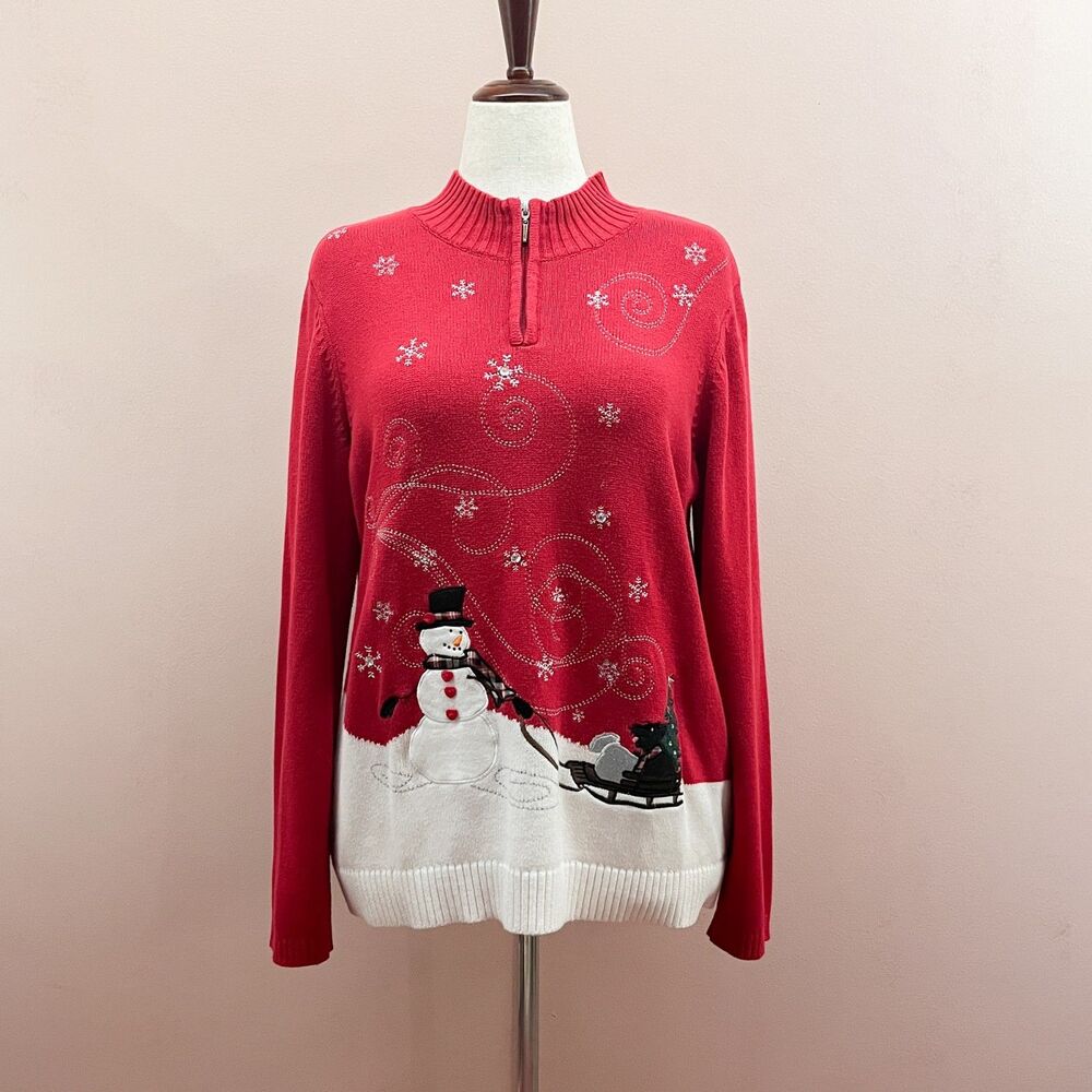 Cotton Christopher & Banks XL Red Christmas Holiday Sweater Snowman Party Casual
